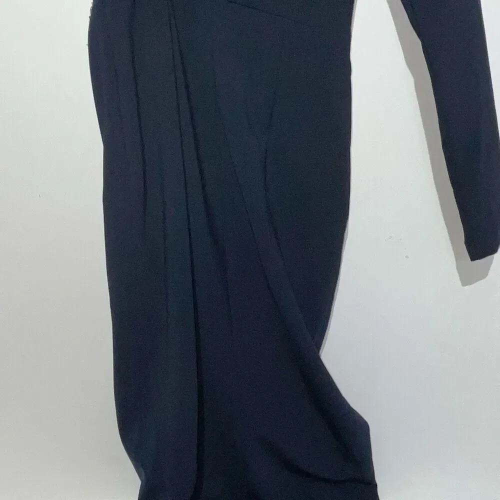 Marchesa Notte Navy One Shoulder Beaded Stretch Crepe Long Gown Size 2‎ NWT